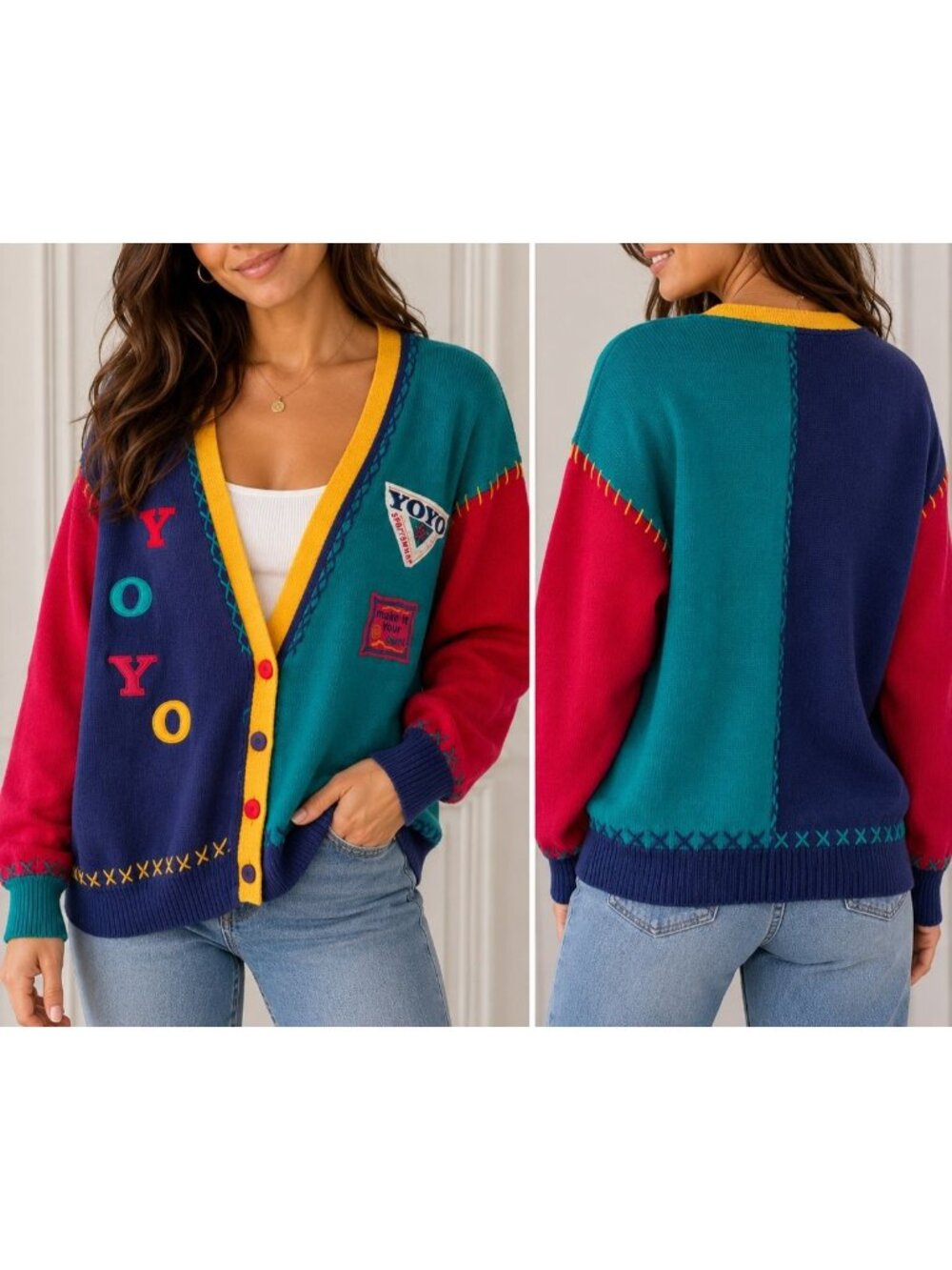 Vintage YOYO Colorblock Knit Cardigan Sweater Patch Primary ABC 90s 80s Small